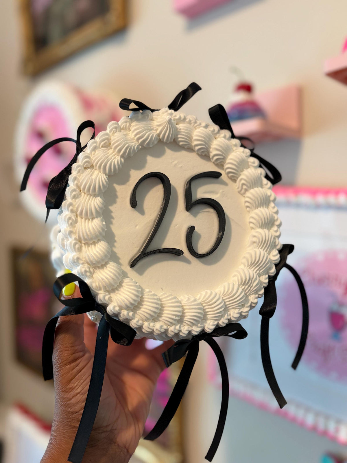 Custom Fake Cake Coquette Lambeth Style with Black Satin Ribbons Pearls and Personalized Text
