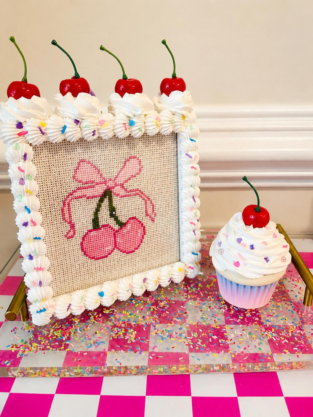 Fake Cake Photo Holder and Needlepoint Cross Stitch Display Frame