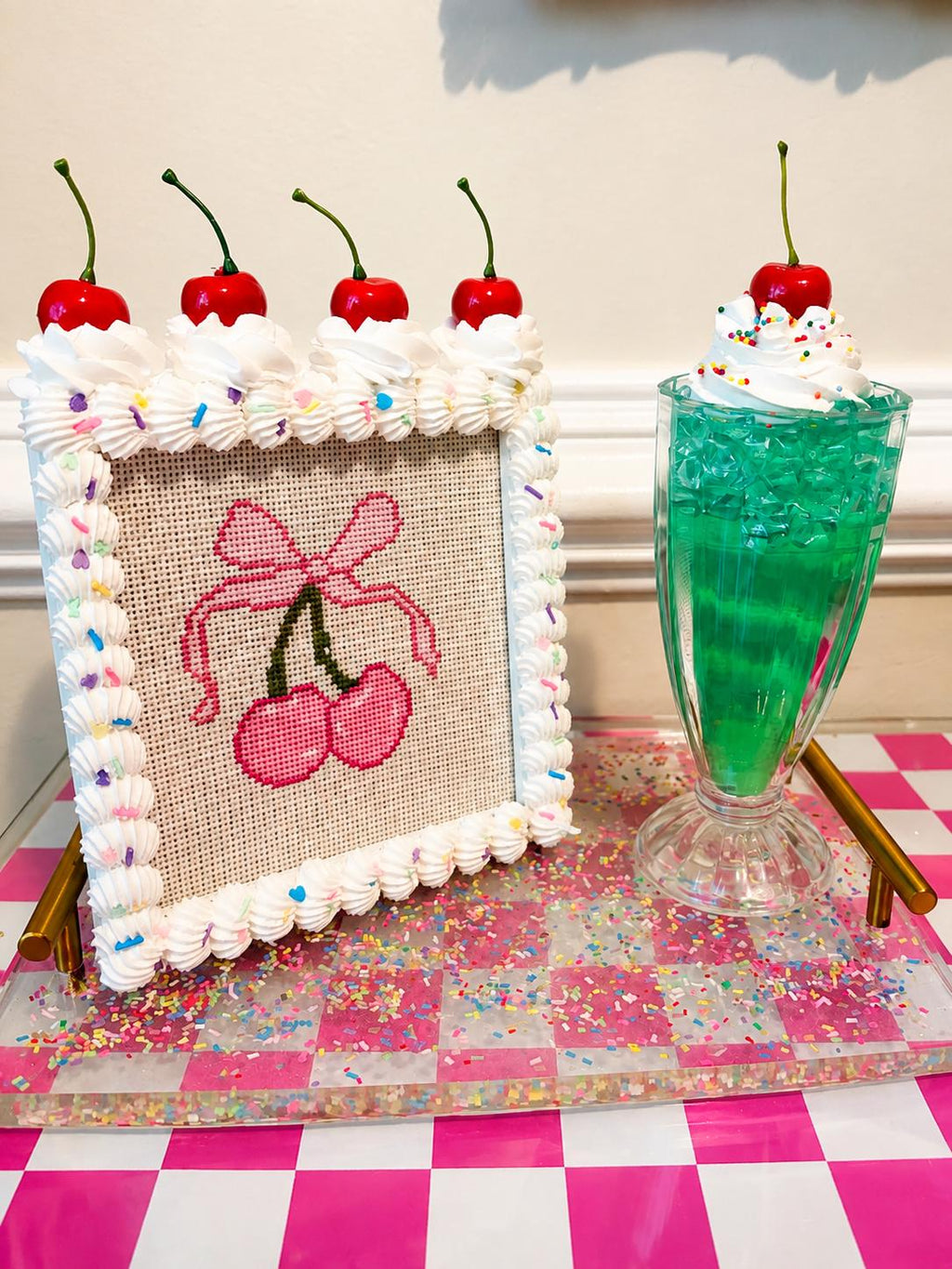 Fake Cake Photo Holder and Needlepoint Cross Stitch Display Frame