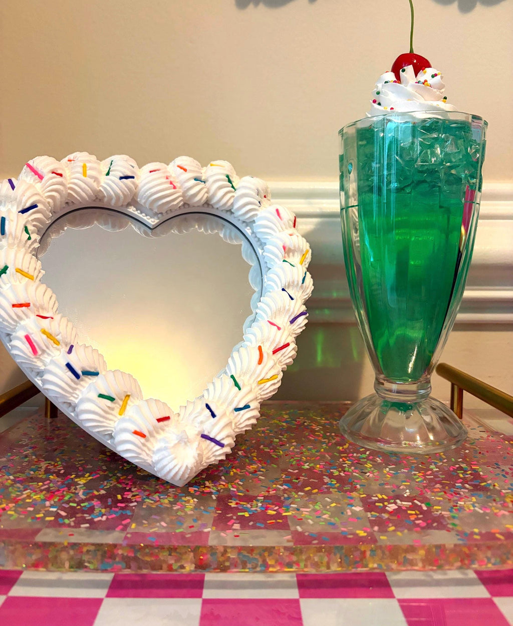 White Heart Fake Cake Mirror with Sprinkles