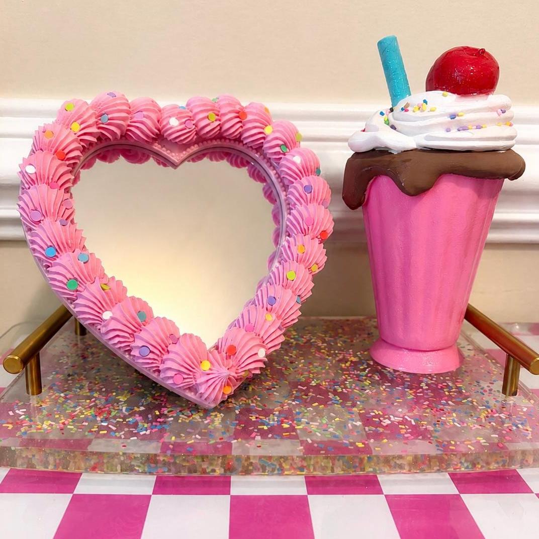 Fake Cake Mirror Pink Heart with Sprinkles