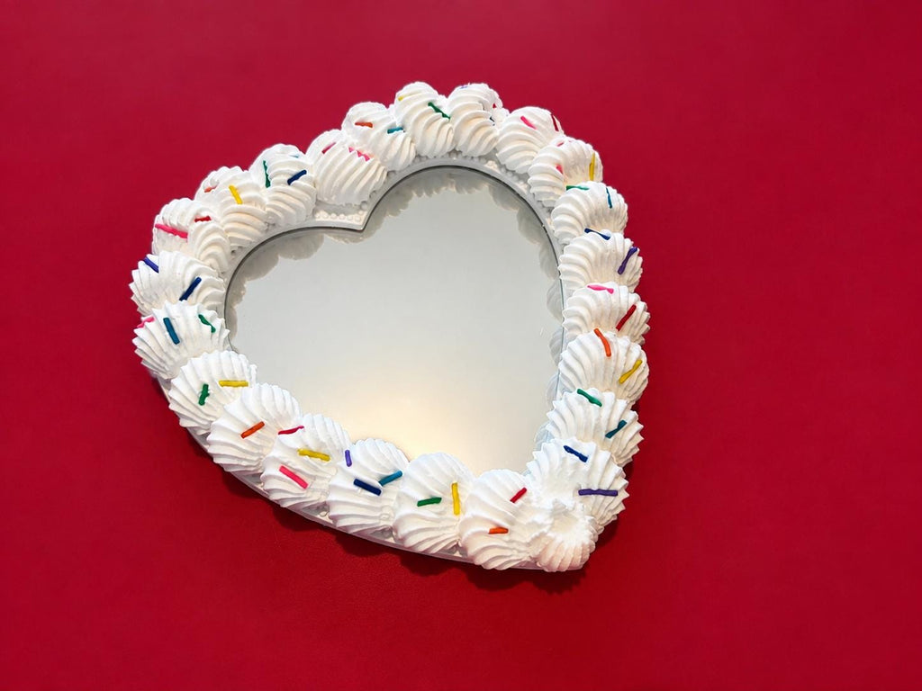 White Heart Fake Cake Mirror with Sprinkles
