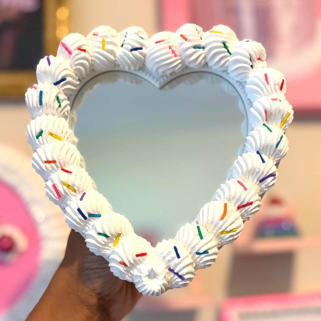 White Heart Fake Cake Mirror with Sprinkles