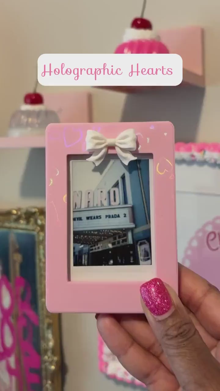 Magnetic Instax Mini Frame with  Bow & Holographic Hearts, Coquette Room Decor