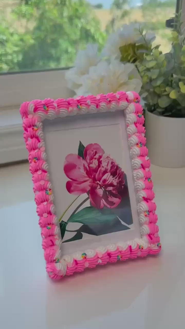 Bright Pink Fake Cake Picture Frame: Handmade Faux Icing & Sprinkles