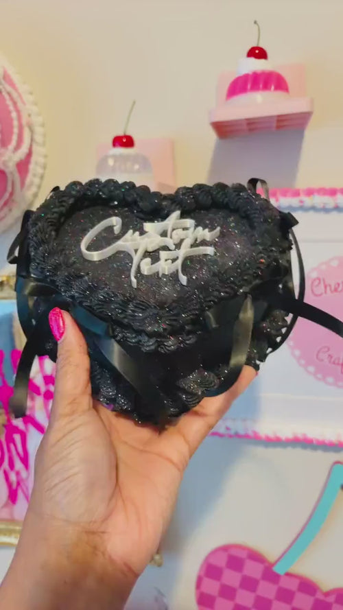 Black Heart Shaped Faux Cake with Ribbons Personalized Custom Text